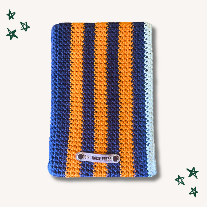 Striped Crochet Book Sleeve - M (Blue & Orange)