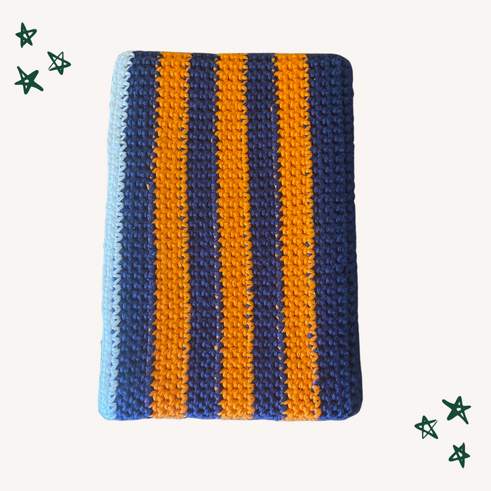Striped Crochet Book Sleeve - M (Blue & Orange)