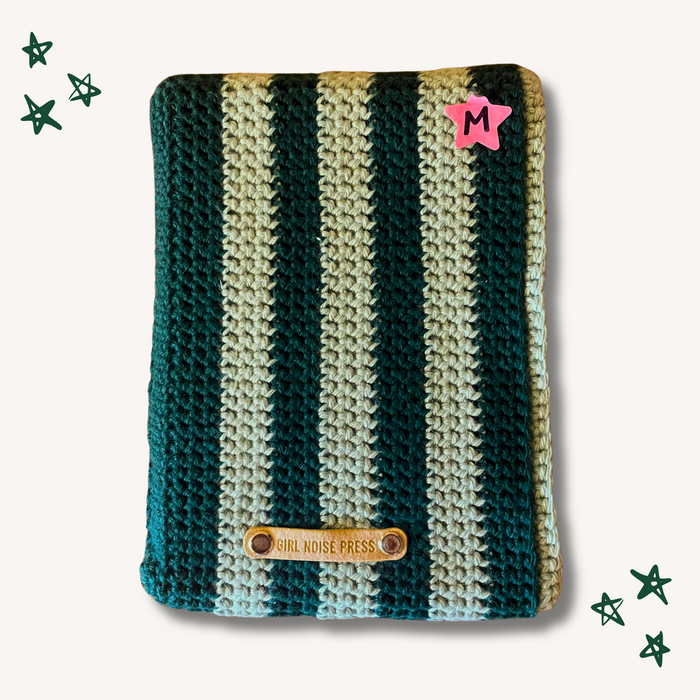 Striped Crochet Book Sleeve - M (Green & Sage)