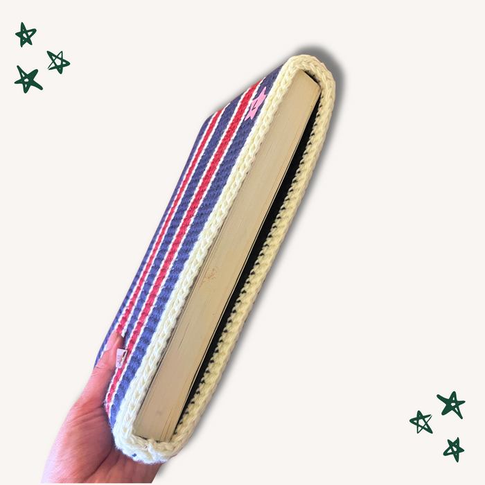 Striped Crochet Book Sleeve - L (Navy & Red)